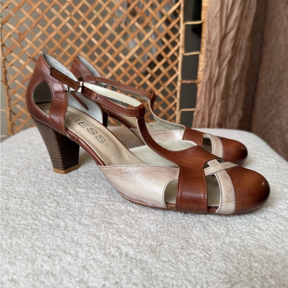 Brown and Cream Leather Women's Shoes - Picture 3 of 12